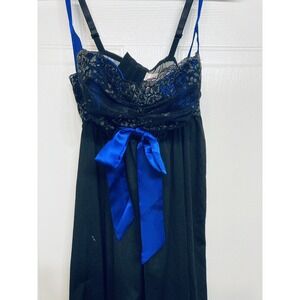 Cacique Babydoll Chemise Set Womens 14/16 Black Blue Lace Bow‎ Lingerie NEW